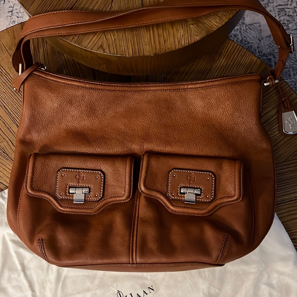 Cole Haan Cognac Leather Adjustable Strap Tote With Storage Bag
